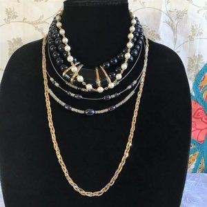 4 Pc Napier Necklace Lot Choker Faux Pearls Gold Tone Chain Black Beads Classic
